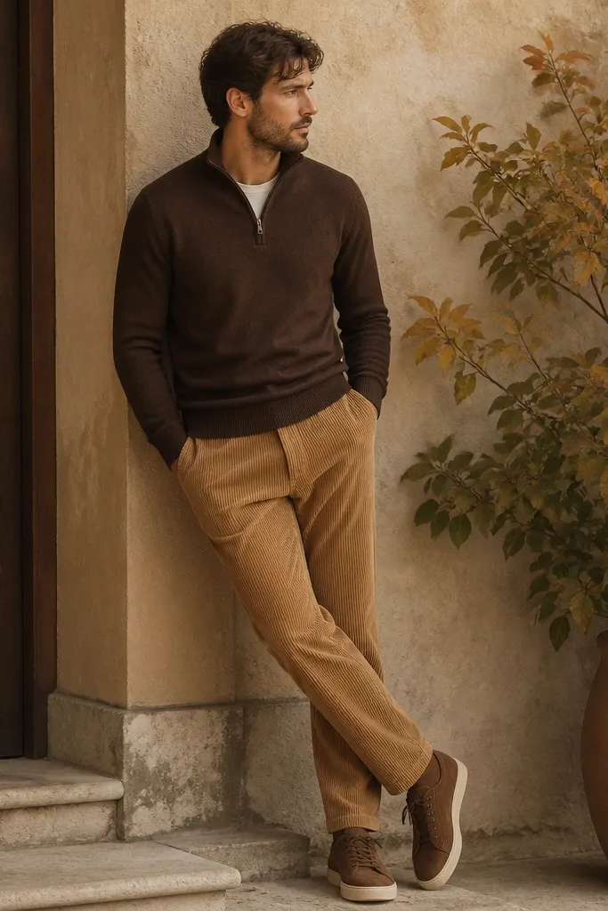 A walnut brown quarter zip with light brown corduroy chinos and suede sneakers; the outfit has soft texture and a warm autumn tone.