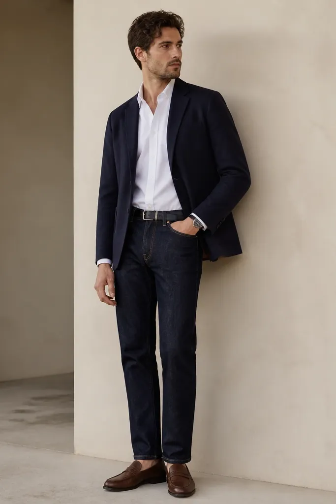 A navy unstructured blazer over a crisp white button-up, sleeves showing just to the wrist. Dark indigo straight-leg denim sits at the ankle with a slight break. Brown leather loafers and a simple black belt are shown, with a watch on the wrist.