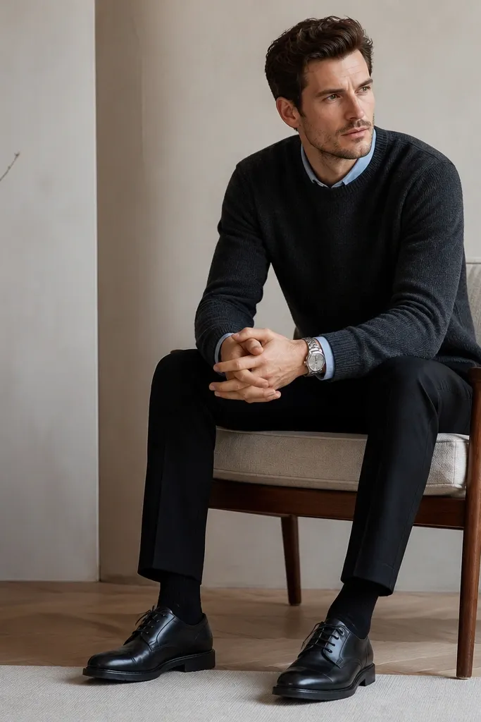 A charcoal crewneck knit layered over a light blue chambray button-up. The collar peeks out neatly. Slim black trousers and black leather lace-up shoes are visible, with a silver watch.