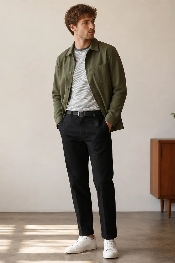 An olive green overshirt worn open over a thin striped crew tee. Black chinos sit straight with a clean hem. White low-top sneakers and a canvas belt are shown.
