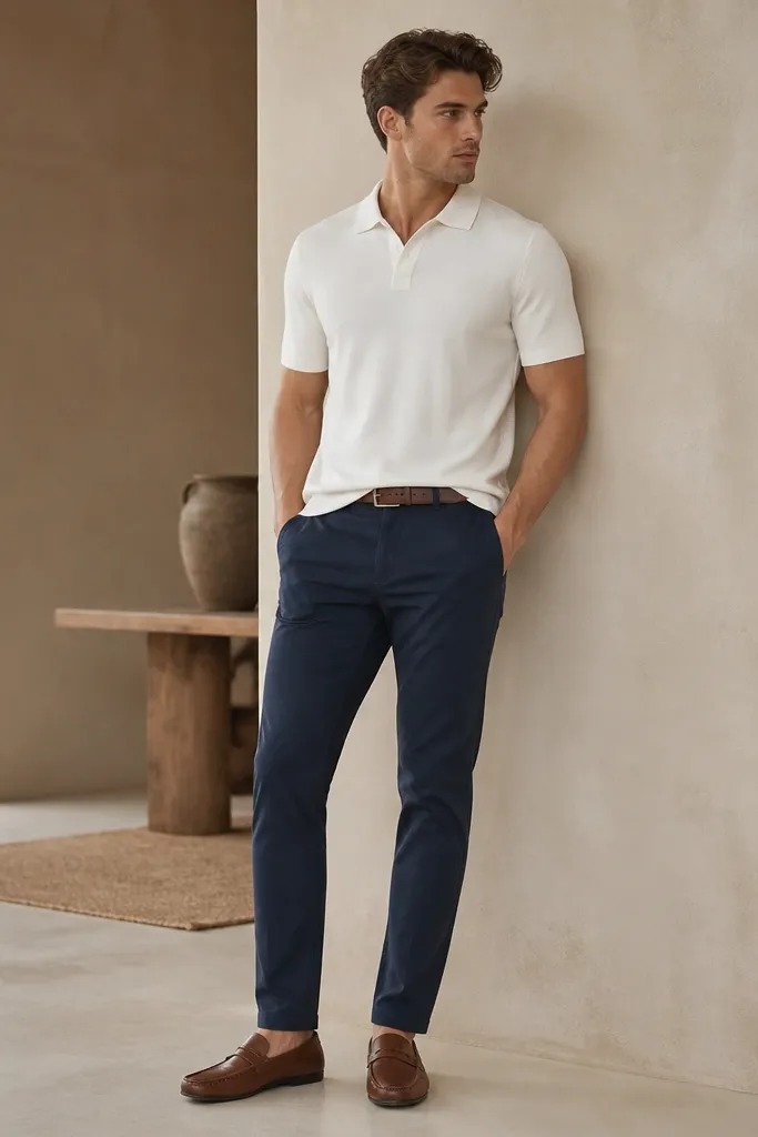 A white knit polo with a clean placket worn untucked slightly at the waist over navy chinos. Brown leather driving loafers and a simple belt are shown.