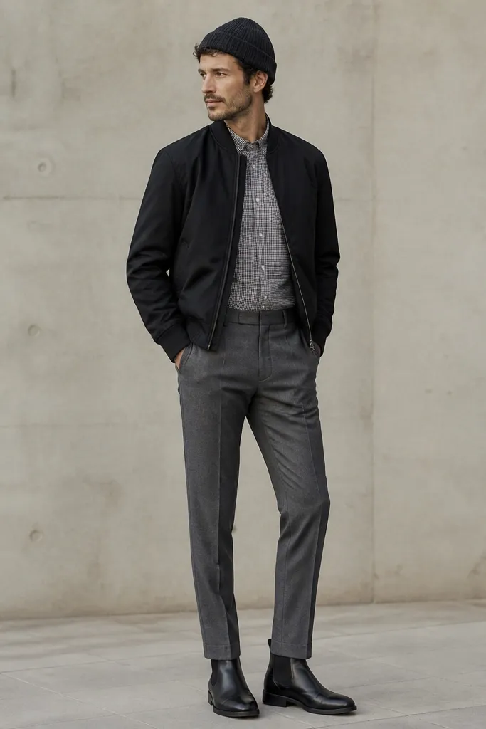 A matte black bomber jacket worn over a small-check button-up. Gray tailored trousers are visible with a clean hem. Black leather boots and a dark knit beanie are shown.