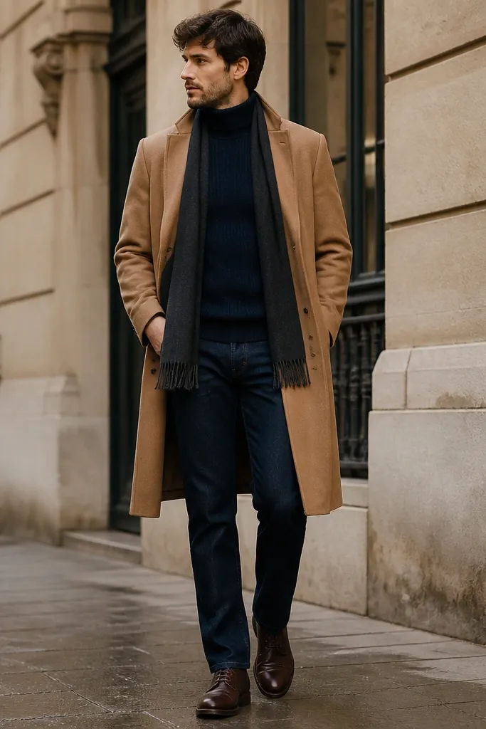 A navy ribbed turtleneck under a camel overcoat. Dark jeans sit with a slight break. Dark brown leather shoes and a slim scarf are shown.