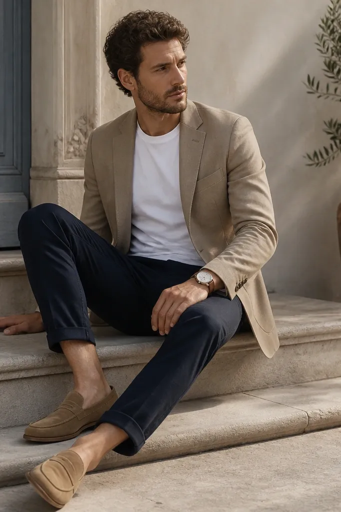 A tan blazer worn over a fitted white crew tee. Navy chinos are cuffed slightly at the ankle. Tan suede loafers and a simple wristwatch are visible.