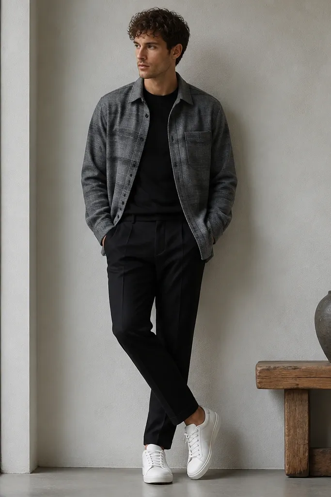 A gray flannel overshirt with a subtle pattern worn open over a black crew tee. Black tailored trousers and clean white sneakers are shown.