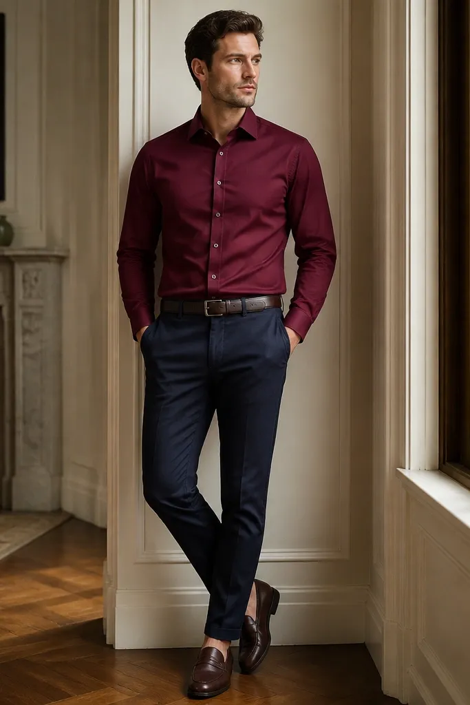 A burgundy long-sleeve button-up tucked into navy chinos. Dark brown loafers and a belt of the same shade are visible. The collar is crisp and the shirt has a clean placket.