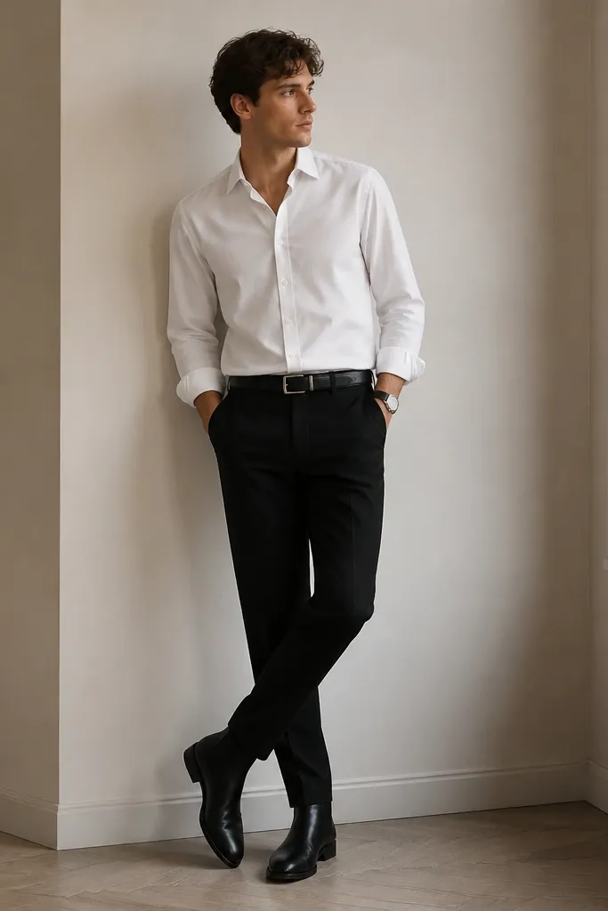 A white poplin button-up tucked into black trousers. Black Chelsea boots are visible, with elastic sides. A black belt and a minimal watch complete the look.