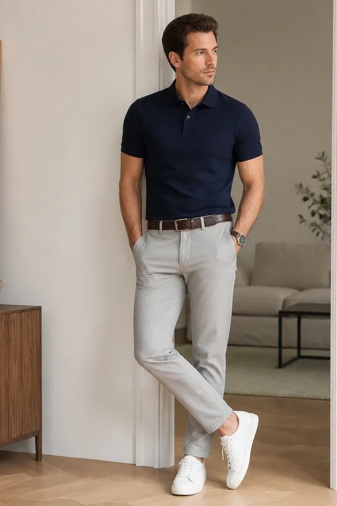 A navy polo shirt with a clean collar worn over light gray chinos. White leather sneakers sit with a crisp ankle line. A simple belt and watch are shown.