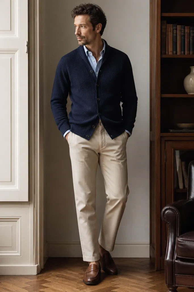 A navy cardigan worn over a light blue button-up with the collar visible. Beige chinos sit straight, with brown loafers underneath. A knit texture shows on the cardigan.