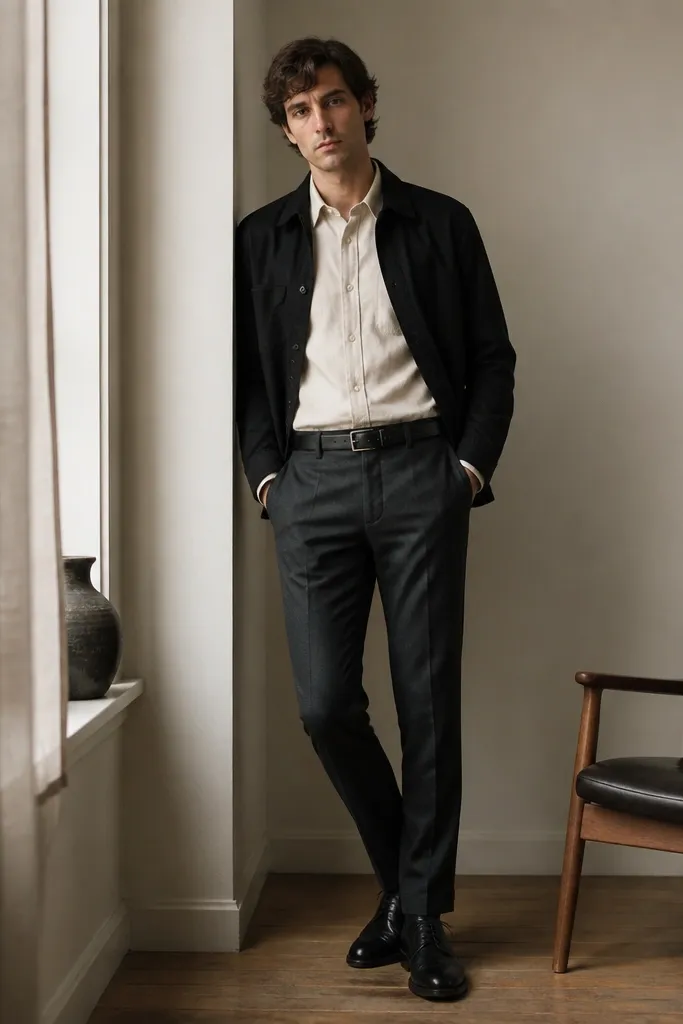 A black overshirt worn open over a cream button-up. Charcoal trousers sit with a neat break. Black leather derby shoes and a dark belt are shown.