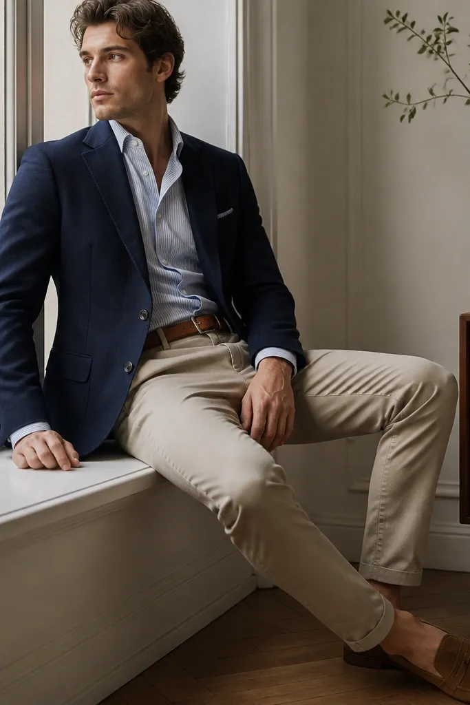 A navy blazer over a thin striped button-up in blue and white. Sand-colored chinos are visible, with brown suede loafers and a belt in the same tone.