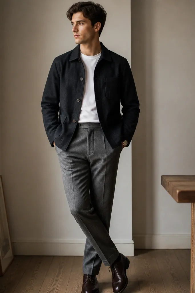 A dark charcoal chore jacket over a plain white crew tee. Gray flannel trousers are tailored with a clean hem. Dark brown lace-up shoes and a leather watch are shown.