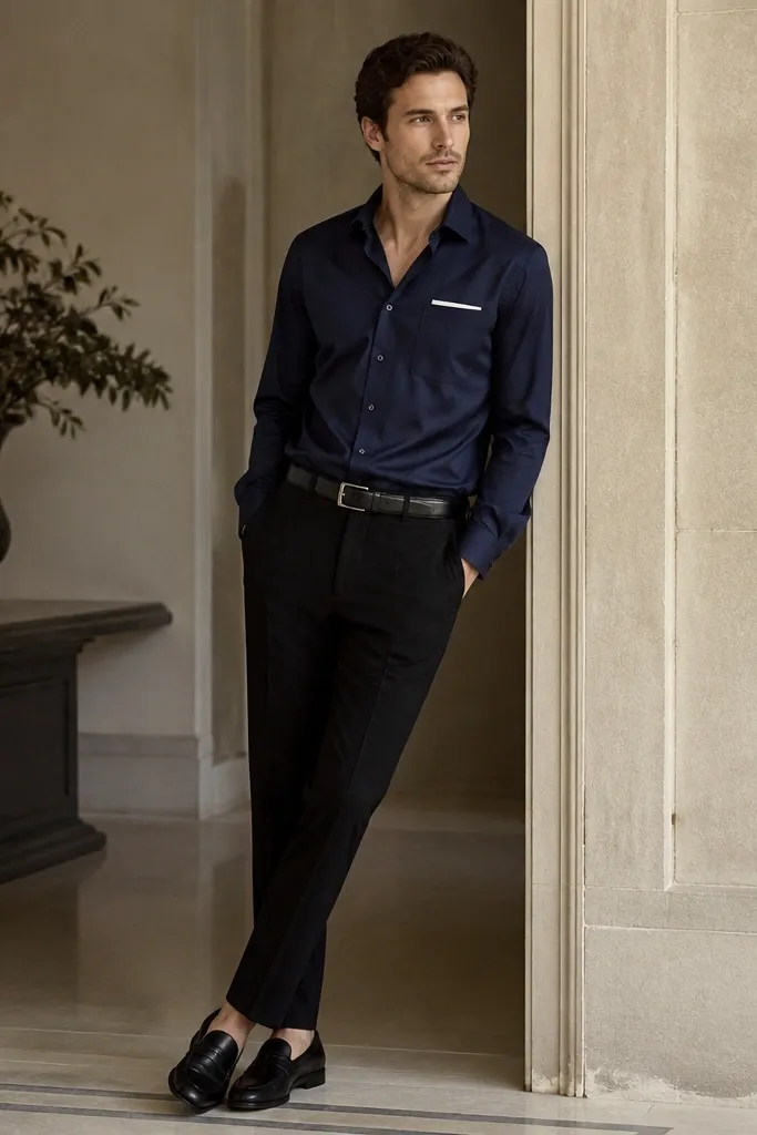 A navy button-up with a slight sheen worn over black slacks. The shirt is tucked, with a clean collar. Black loafers and a black belt are visible, plus a simple pocket square.