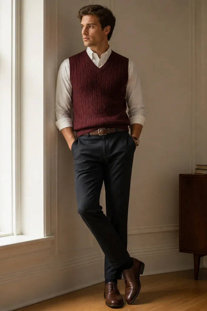 A burgundy knit vest worn over a white button-up. Dark trousers sit with a crisp hem. Brown leather shoes and a slim belt are visible, with a watch.