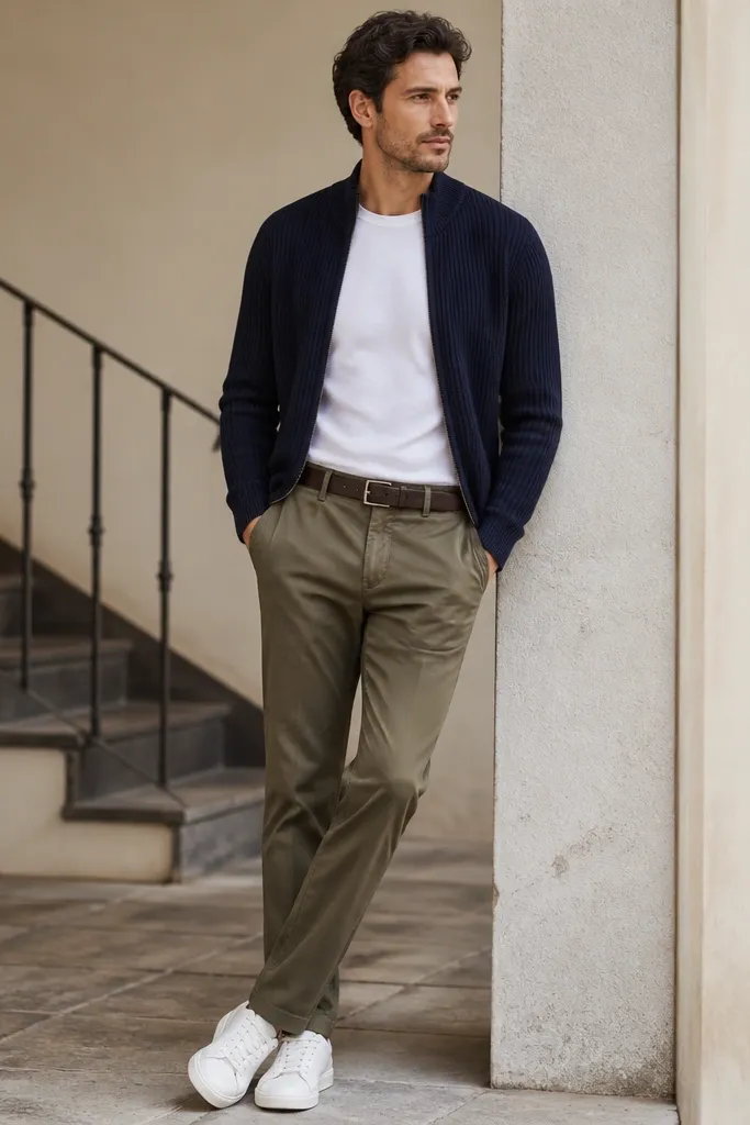 An olive chino paired with a navy sweater jacket worn open. A white crew tee is underneath. Clean white sneakers and a dark belt are shown.