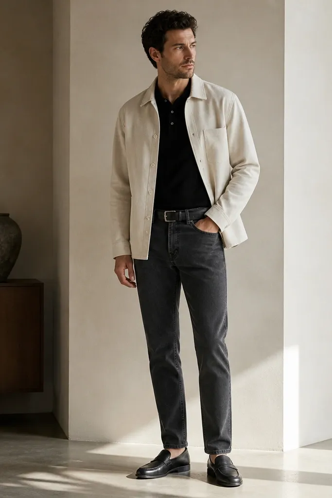 A cream overshirt worn open over a black polo. Charcoal jeans sit straight with a clean hem. Black loafers and a black belt are shown.