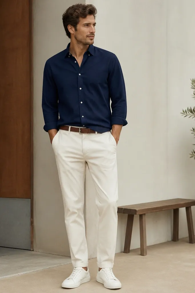 A deep navy button-up Oxford shirt worn untucked over light cream/white chinos, with white low-top sneakers and a brown leather belt. The shirt collar sits flat and the sleeves are rolled once at the cuff.