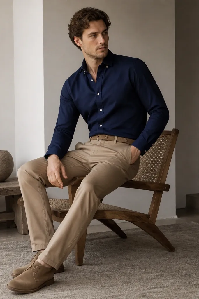 A dark indigo long-sleeve shirt tucked into tan chinos, paired with tan suede desert boots. The belt matches the boots, and the pants show a slight break at the shoe.