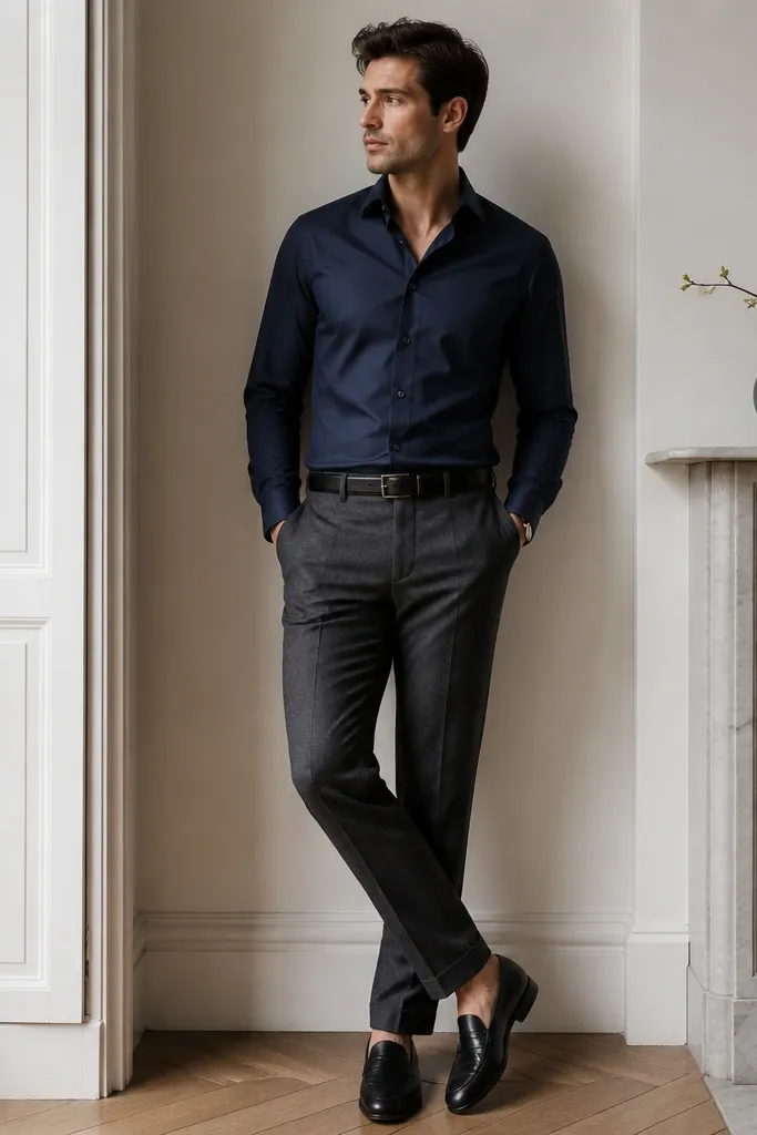 A navy dress shirt with a clean collar tucked into charcoal wool trousers, paired with black leather loafers. A black belt matches the shoes, and the outfit looks sharp and minimal.