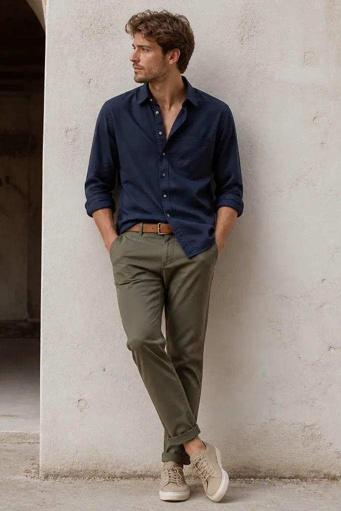 A dark blue button-up worn half-tucked with olive green chinos and tan canvas sneakers. The belt is tan, and the shirt has a slightly open collar with the top button undone.