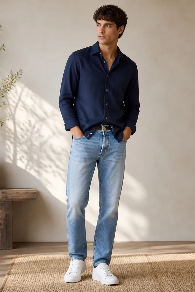 A navy shirt worn untucked over light wash blue jeans with a visible belt, paired with white sneakers. The jeans show a straight leg fit and light fading on the thighs.