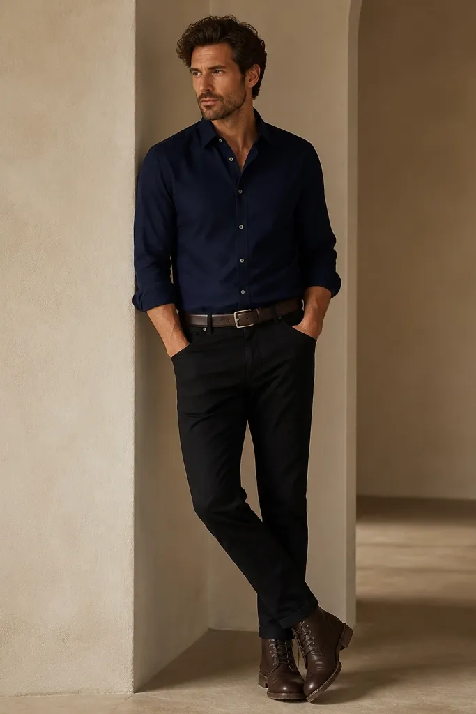 A deep navy shirt tucked into black jeans with a dark brown leather belt and dark brown lace-up boots. The pants have a slim straight cut and a clean hem.