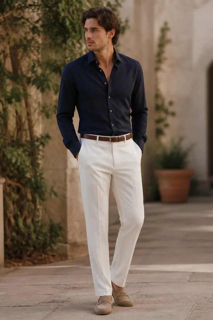 A navy dress shirt tucked into crisp white trousers with a thin brown belt. The shoes are light tan loafers, and the trousers fall straight with a slight break.