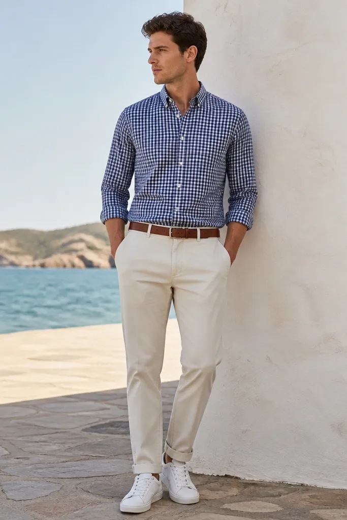 A navy gingham button-up tucked into cream chinos, paired with white sneakers and a light brown belt. The check pattern is small and evenly spaced.