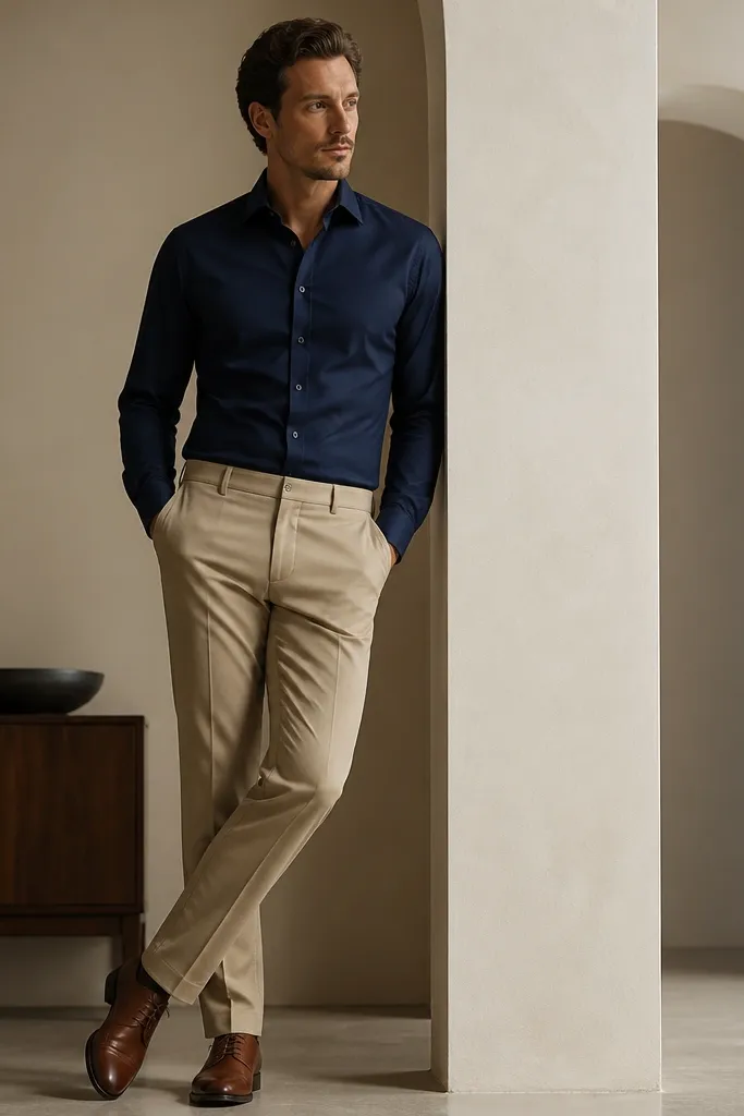 A navy button-up tucked into khaki chinos with brown leather oxford shoes. The shirt has a crisp collar and sleeves down to the wrist.