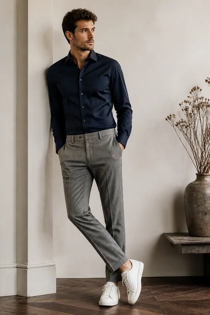 A navy dress shirt tucked into medium gray flannel trousers, paired with white sneakers. The overall look is smart-casual with a clean hem and minimal accessories.