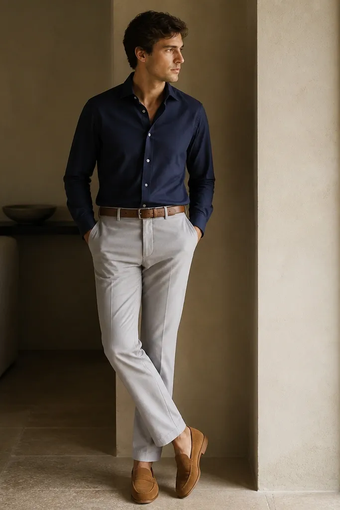 A navy button-up tucked into light gray chinos, paired with dark tan suede loafers. The belt matches the loafers and the outfit feels soft and tonal.