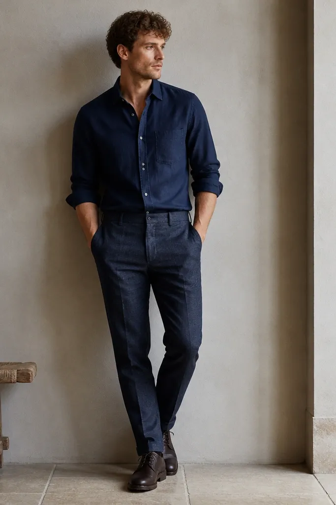 A navy shirt styled with darker navy chambray pants, sleeves rolled to mid-forearm, and dark brown lace-up shoes. The outfit is tonal with clear texture differences.