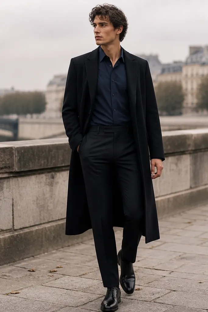 A navy shirt tucked into dark trousers, styled with a long black coat and black leather shoes. The coat is open and the shirt collar shows neatly.