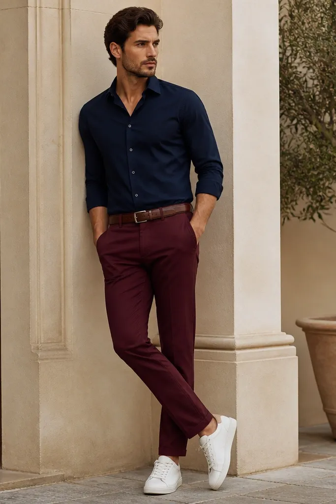 A navy shirt tucked into burgundy or deep wine chinos with white sneakers and a brown belt. The outfit has a strong color contrast without being loud.