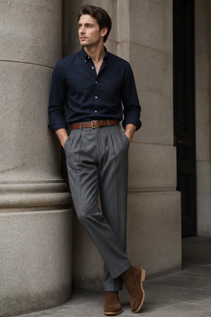Man in a dark navy button-down shirt with the sleeves rolled to mid-forearm, tucked into high-rise medium-gray pleated trousers. He wears brown suede chukka boots with crepe soles and a cognac leather belt. The look is shot outdoors in shade, showing the shirt's slight sheen and the trousers' crisp folds.