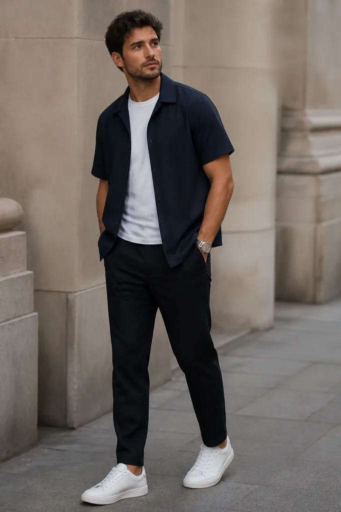 Man wearing a dark navy short-sleeve button-up over a plain white crew-neck tee, paired with black tapered pants. He has clean white low-top trainers and a silver metal watch on his left wrist. The photo is taken at street level with a slight angle, showing the navy fabric drape and the tapered ankle break.