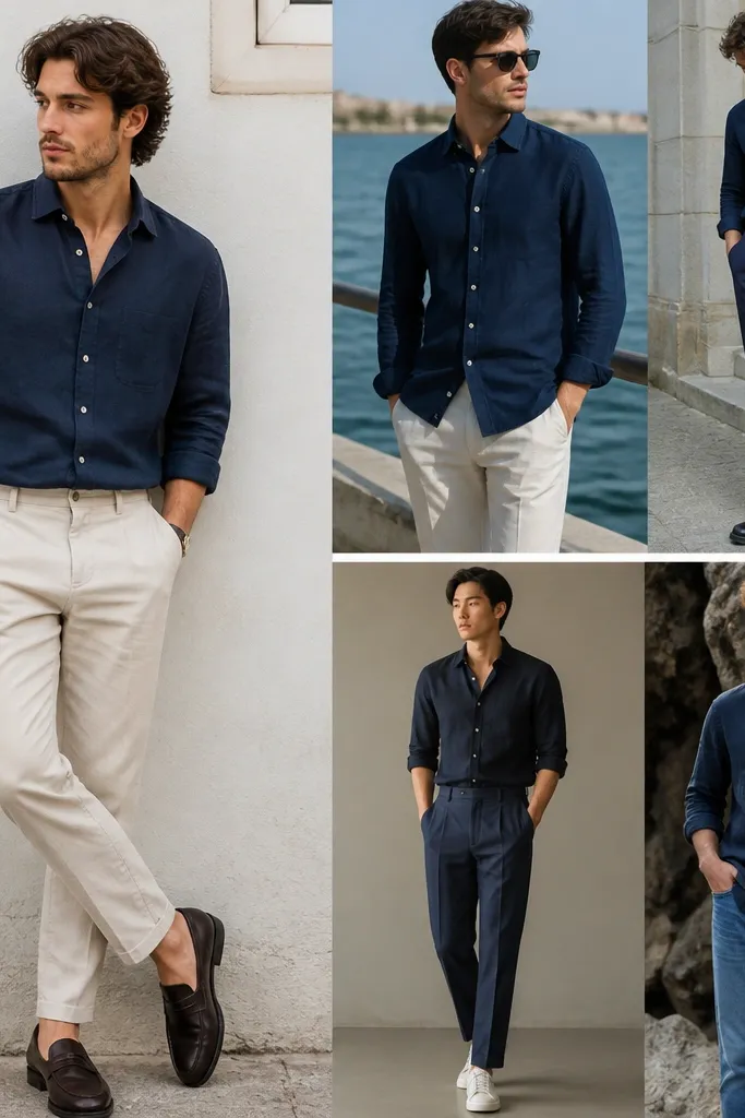 Budget dark blue shirt outfit men ideas