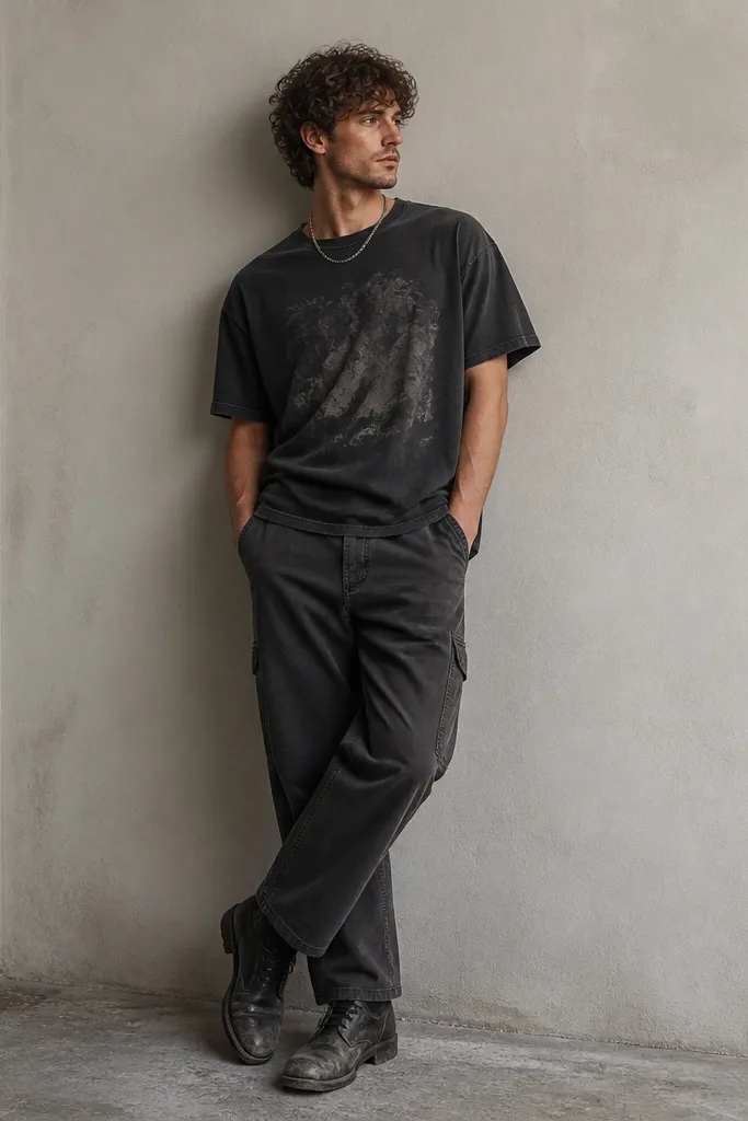 A man wearing a slightly oversized washed-black graphic tee, charcoal carpenter pants with a relaxed straight leg, and scuffed black lace-up boots. A thin silver chain peeks at the collar, and the hem of the tee sits over the waistband.