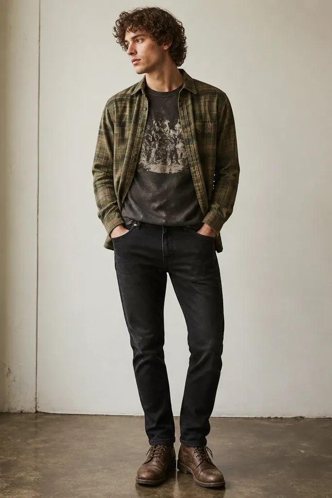 A layered outfit: olive-green flannel worn open over a faded band graphic tee, straight black jeans, and worn brown lace-up boots. The flannel sleeves are buttoned at the cuffs, and the jeans have slight knee fading.