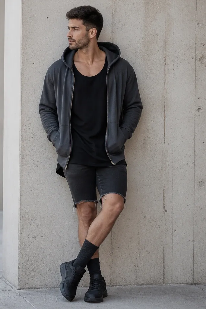 A man in a charcoal zip hoodie worn open, with a longline black tank underneath, and black-and-charcoal denim shorts with ripped knees. He's wearing dark sneakers and crew socks with slight bunching at the ankle.