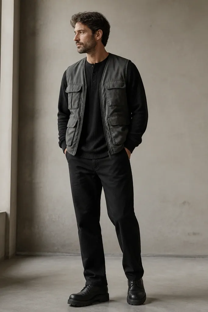 A black thermal henley layered under a gray utility vest. The vest has multiple pockets and a matte finish. The pants are dark and straight, and the shoes are black work boots with thick soles.