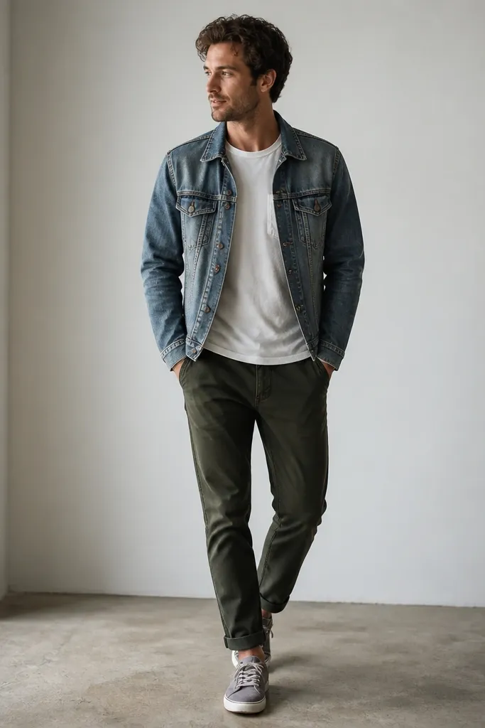 A man wearing a faded blue denim jacket with visible seam wear, a white pocket tee, dark olive chinos, and gray canvas sneakers. The jacket is buttoned halfway, and the tee shows a small pocket logo.