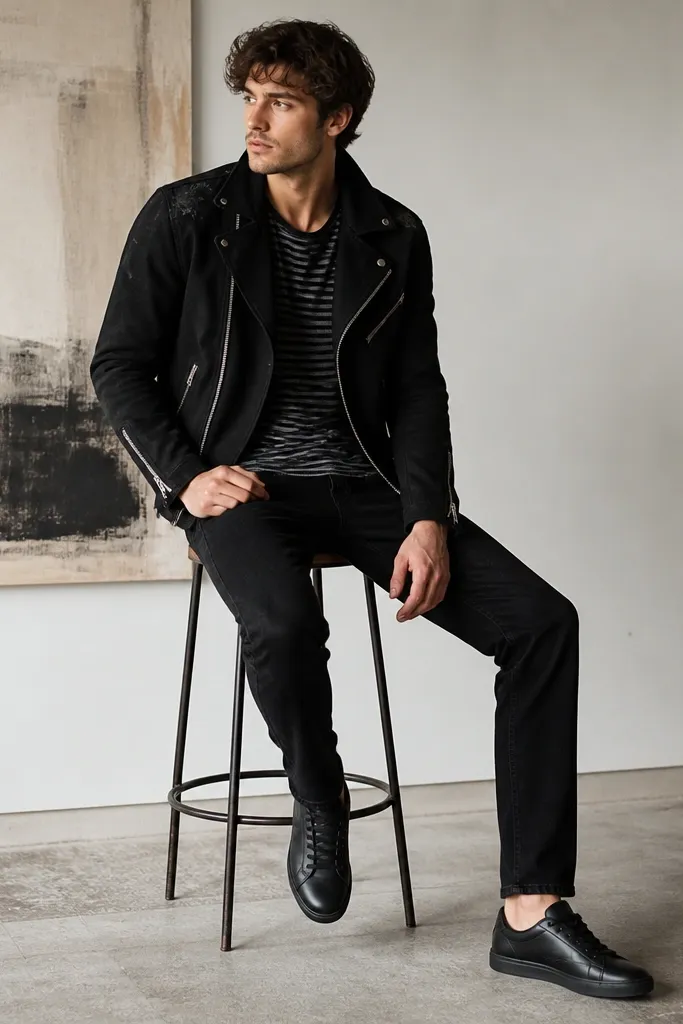 A black moto jacket with zippers and slightly distressed shoulders, a black-and-gray striped tee underneath, black straight-leg jeans, and black leather sneakers. The jacket collar sits up a bit.