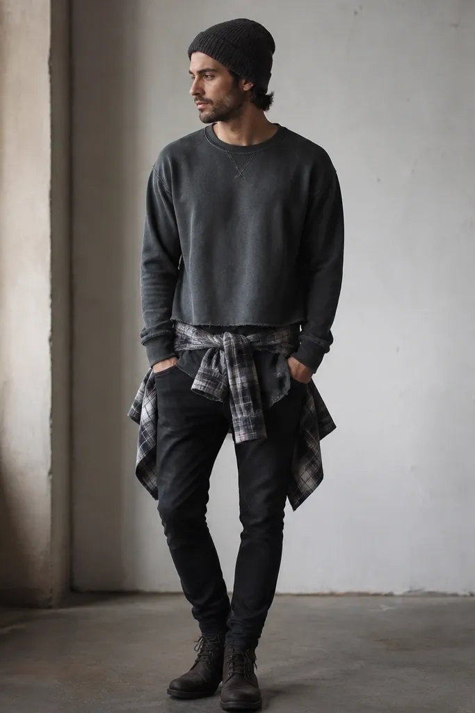 A man wears a distressed charcoal crewneck with a slightly frayed hem. A plaid button-up is tied at the waist like a cropped wrap, and the pants are black fitted but not shiny. He wears dark boots and a beanie.