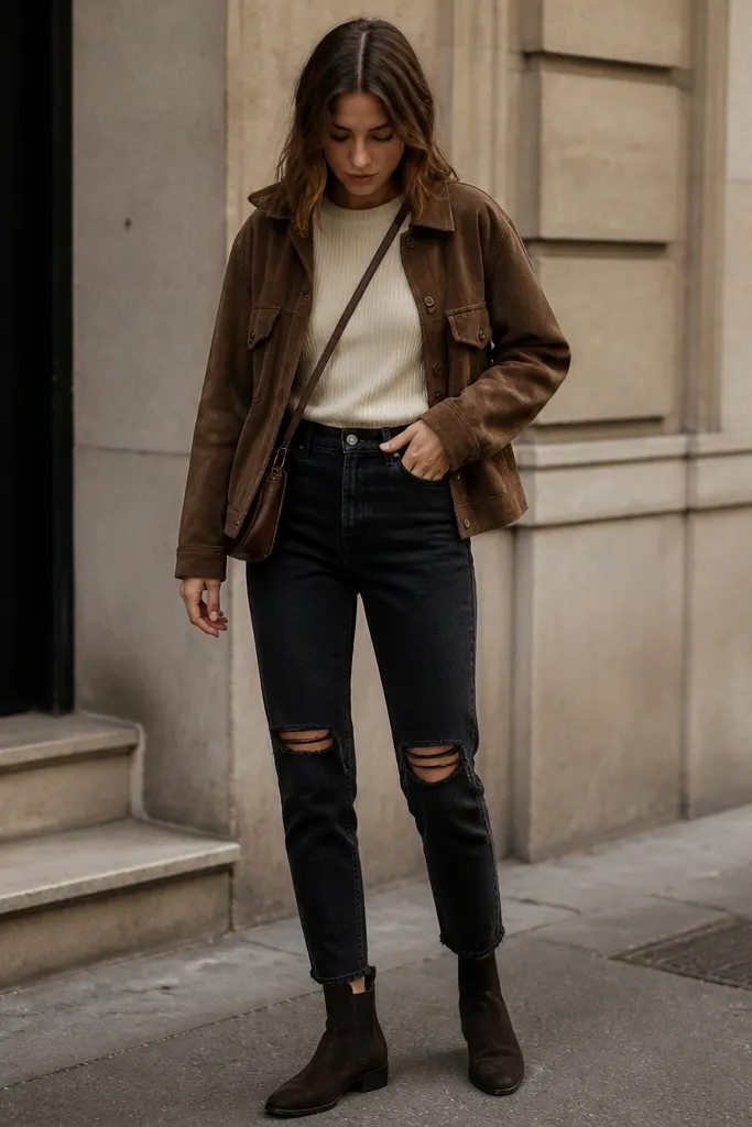 A cream ribbed tee tucked into black ripped jeans. A brown suede jacket sits on top with a worn texture. The shoes are dark suede boots, and there's a small crossbody bag strap across the chest.