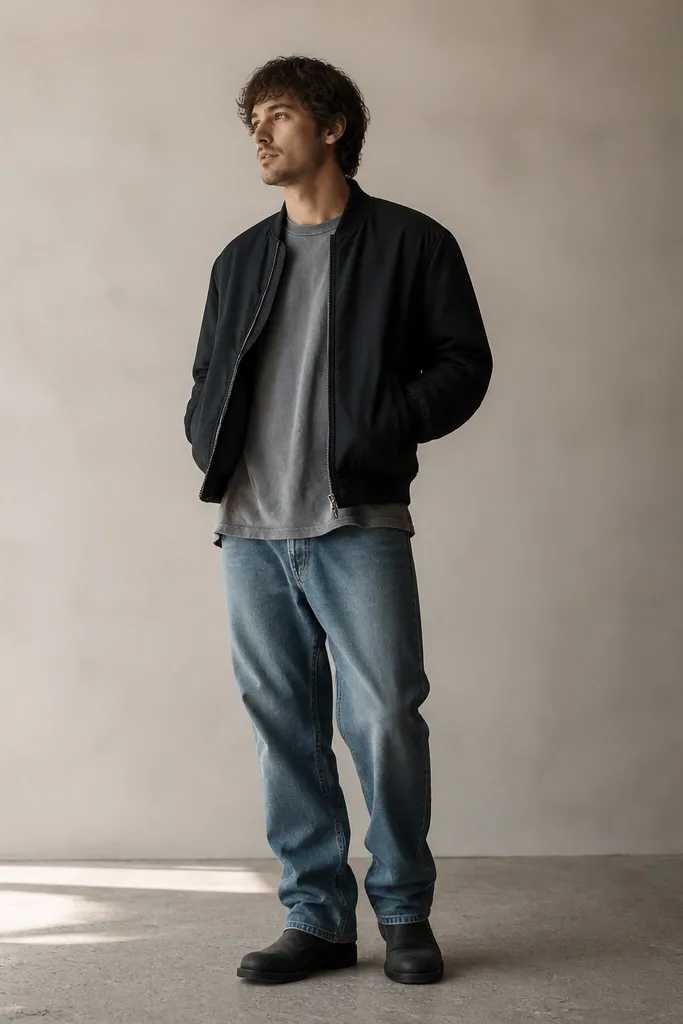 A man wearing an overdyed gray tee with slightly uneven dye, a black bomber jacket, and washed denim pants that taper slightly. The hem looks longer, with boots peeking under.