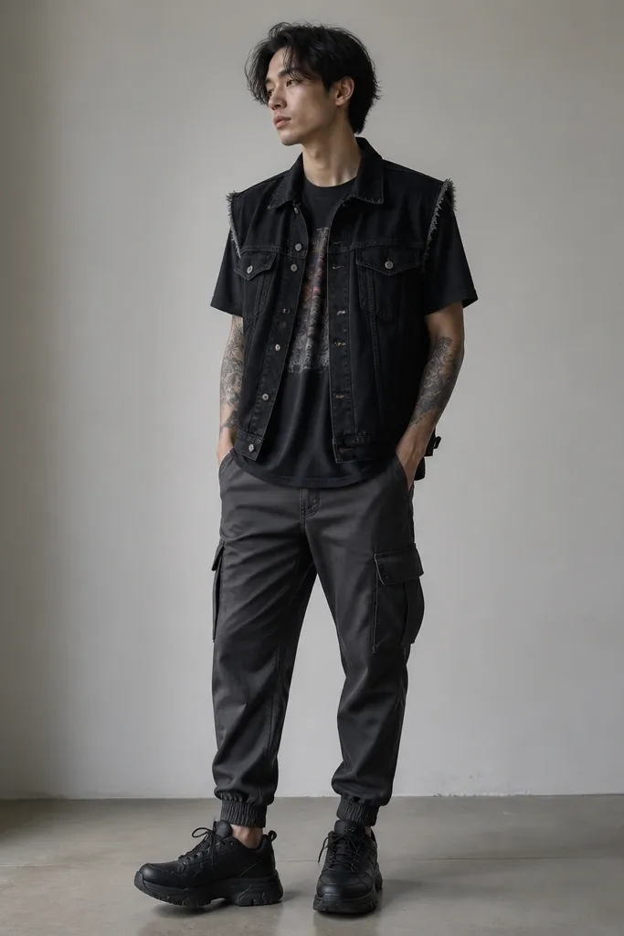 A black denim vest layered over a dark band tee. The pants are cargo-style joggers in charcoal with elastic cuffs. The shoes are chunky black sneakers.