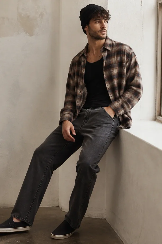 A plaid overshirt worn open over a black tank. The jeans are relaxed straight with a matte finish. Shoes are dark slip-on sneakers, and there's a knit beanie.