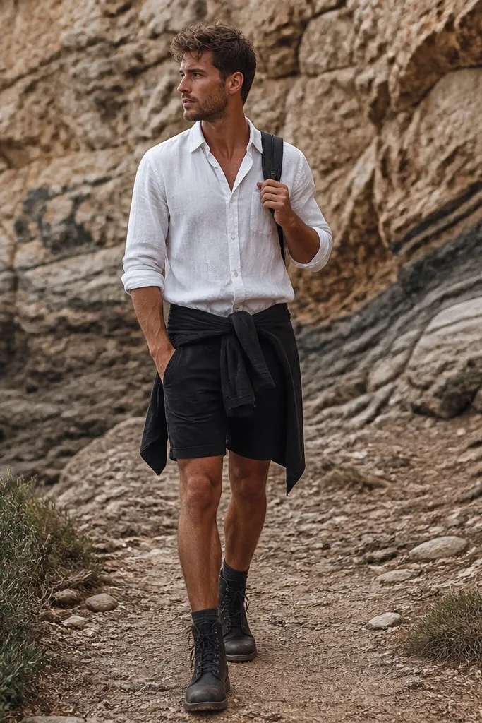 A man wears a white long-sleeve shirt with the sleeves cuffed, black work shirt tied around the waist, black shorts, and dark boots. A small backpack strap shows over one shoulder.