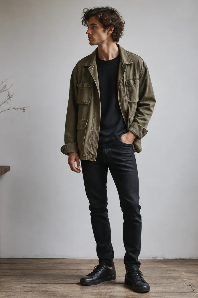 A faded olive cargo jacket worn slightly oversized, a plain black tee inside, and black skinny-straight jeans. The shoes are dark leather sneakers, and the jacket cuffs show wear.